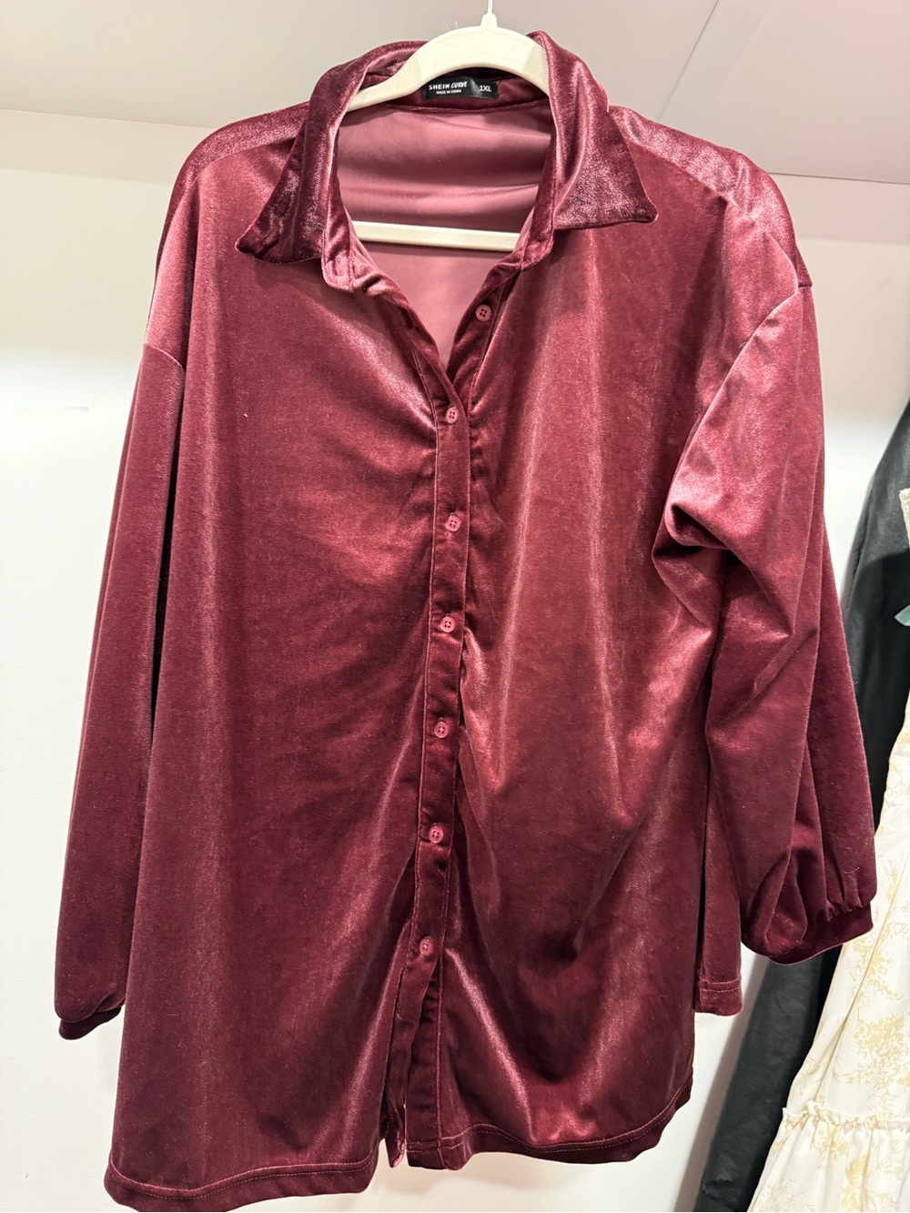SHEIN Velvet Button-Up Blouse - Burgundy
